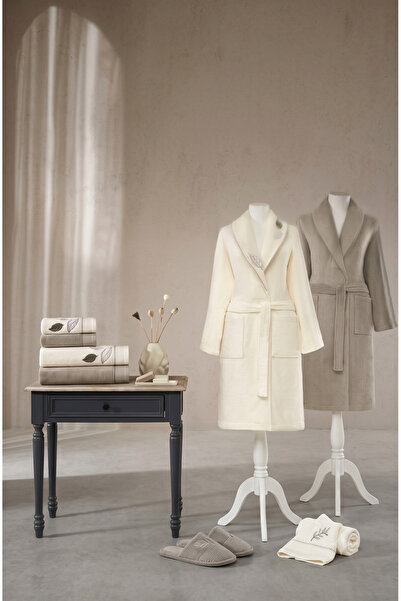 Özdilek Fodero Family Bathrobe Set 6 Pieces Cream Beige-Beige