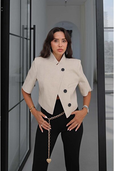 Havoş Taş Rengi Valen Keten Kısa Kollu Blazer Ceket