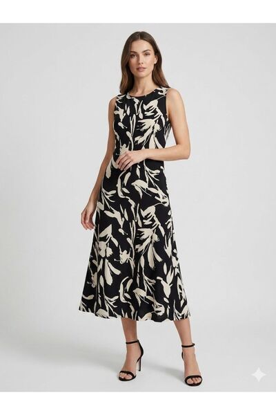 520CK Women's Plus Size Black Cream Floral Pattern Sleeveless Midi Dress