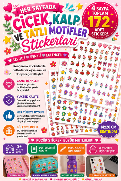 Tatlı Süprizler çiçek-unicor ve karışık sticker - 4 sayfa 172 Adet Etiket