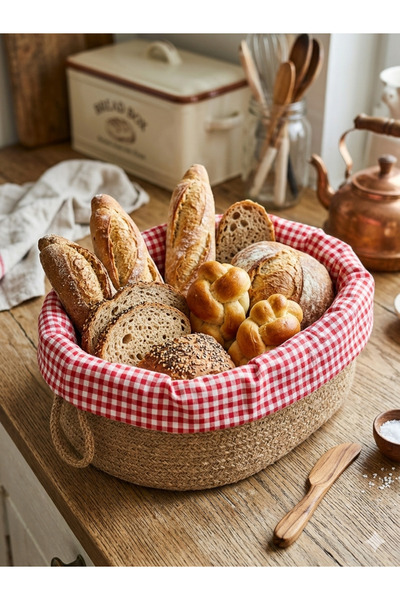 ENA Design Jute Wicker Bread Basket Red Gingham Bread Storage Box (36X26 cm)-...