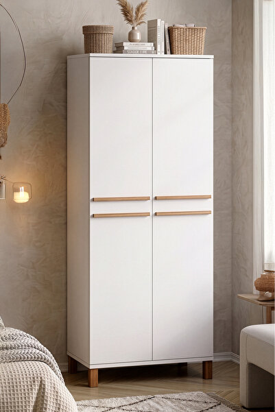 Yurudesign Oslo Ahşap Ayaklı 2 Kapaklı Raflı Bölmeli Tekli Gardırop Bebek Gen...