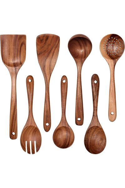 Generic N/N Wooden Non-Stick Kitchen Pan Toolset 7 Pieces Set, 100% Natural T...