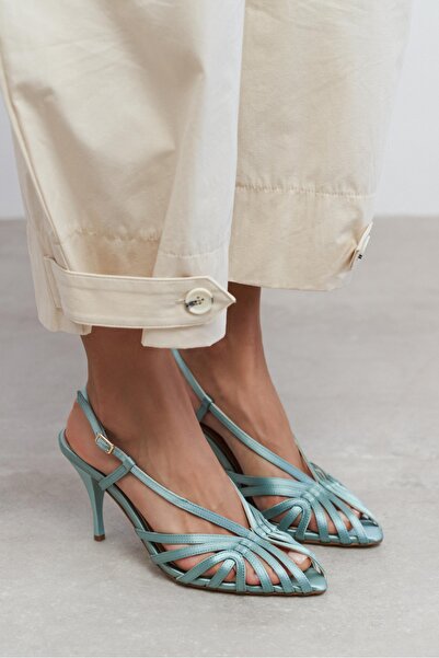 NİŞANTAŞI SHOES Eryu Turquoise Satin Open Toe Detailed Caged Women's Heeled S...