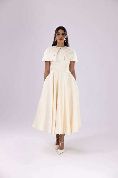 Bamah Beige Midi Dress for Mature Women Elegant