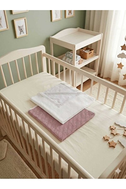 HUGBEBE Set 2 paturici tricotate bebelusi, alb roz pudra, dimensiune 75x75 cm...