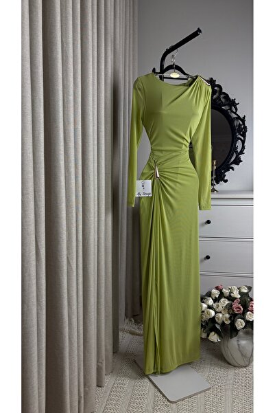 MYGROUP Soft Maxi Evening Dress with Long Sleeves and Side Zemzem Detail