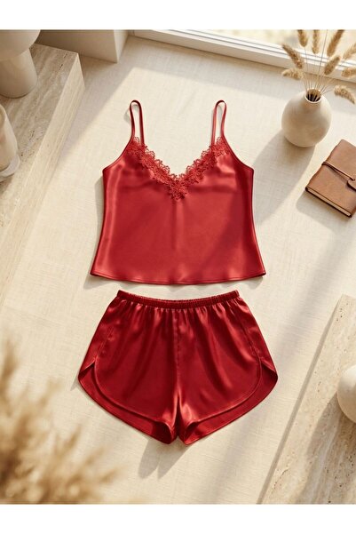Lavishh Satin Strap Shorts Pajama Set with Lace Detail, Comfortable Home Wear