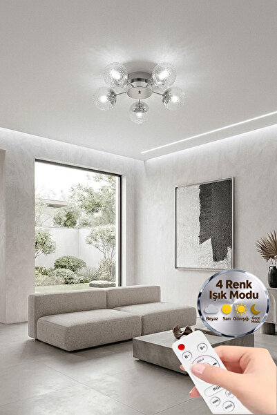 Lumia Lighting Küre Model Gümüş 5"li Kumandalı Ledli 3 Renk Modu Kristal Salo...