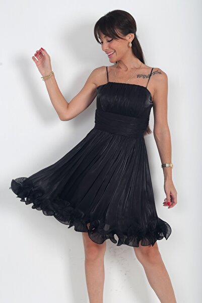 By Saygı Women's Rope Strap Lined Skirt with Ruffled Hem and Draped Chiffon S...