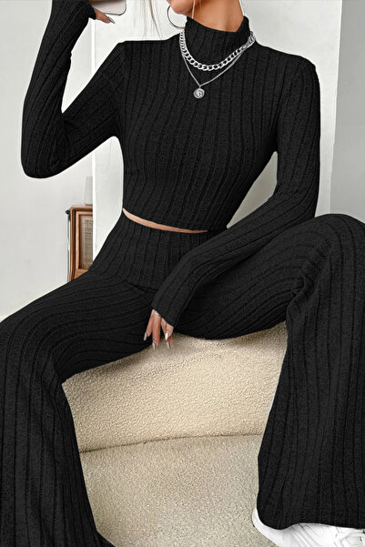 kapsulavm Women's Black High Neck Crop Top and High Waist Sweatpants Set Spor...