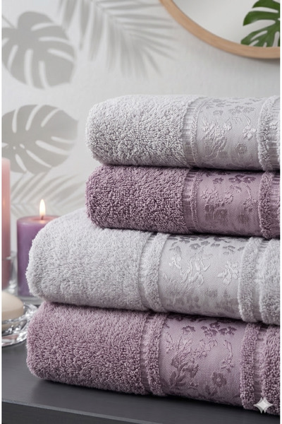 Özdilek Cilemio Towel Set 4 Pieces Grey-Purple 70X150 cm - 50X80 cm