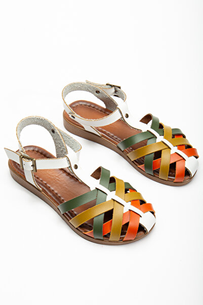 RoseVeno Women's Tan White Leather Powder Casual Sandals