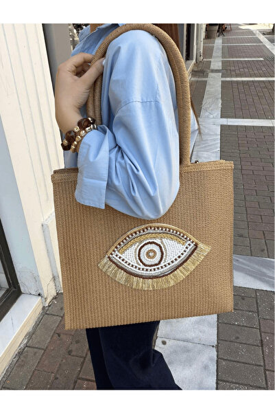 AngelsAccessories Γυναικεία Ψάθινη Τσάντα Ώμου με Evil Eye Σχέδιο