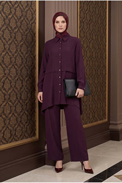 Armine TREND Casual Cut Shirt and Collared Trousers Two-Piece Set Burgundy 26...