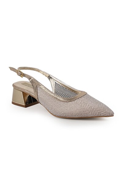 Libero Women's Silvery Heeled Shoes Pointed Toe Short Thick Heel Slingback St...