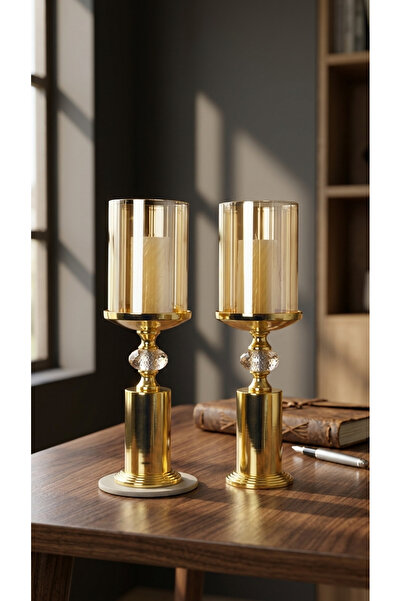 Decodelight Gold Ayaklı Cam Taşlı Özel Tasarım 2li Modern Mumluk Seti Modelleri