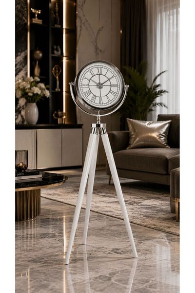 Muyika Design Gümüş Kasa Tripod Ayaklı Saat 150 cm Beyaz Ahşap Gövde MUYİKA B...