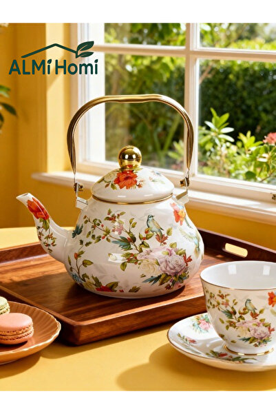 almihomi European Style Enamel Teapot with Infuser – 1.5L Thickened Bird & Fl...
