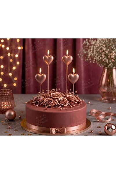 Parti Dükkanı Rose Gold Kalp Şekilli Pasta Mumu 4 Adet Saplı Doğum Günü Mum S...