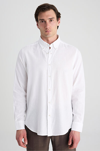 D'S Damat Ds Damat Comfort White Flared Cotton-Linen Summer Shirt