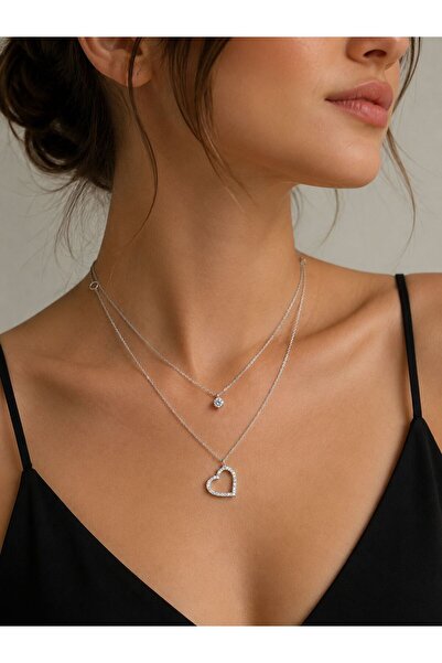 Valmont Double Layer Heart Figured Zircon Stone Necklace