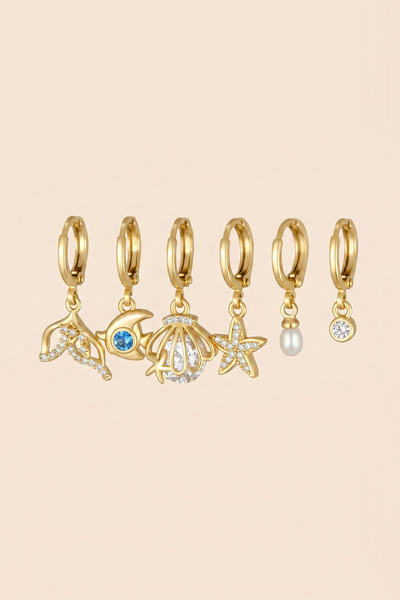 Hetra Gold Color Zircon Stone Fish Star Sea Shell Dangle 6-Piece Hoop Earring...