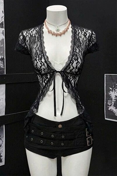 İsra Ayyıldız Moonstar Collection Siyah Dantelli Bağlamalı Bolero Kısa Kollu ...