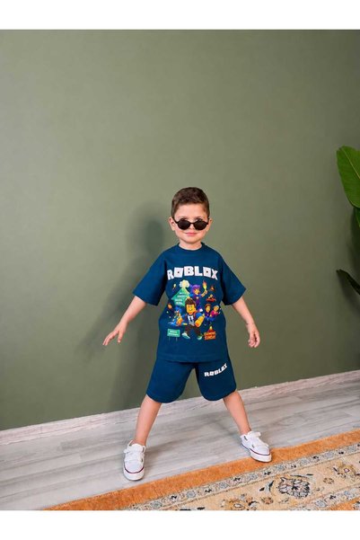 kidsense Boys' Roblox Printed Summer Cotton Shorts and T-Shirt Set