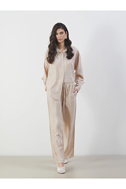 LC Waikiki Beige Elastic Waist Linen Look Women's Trousers