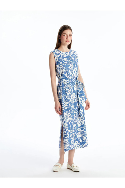 LC Waikiki Blue Crew Neck Floral Linen Blend Dress