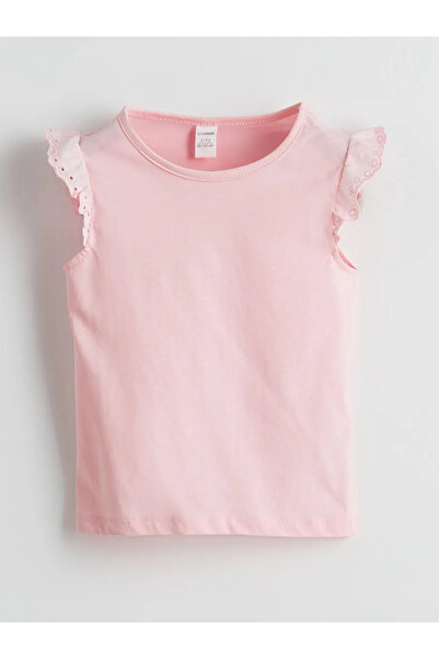 LC Waikiki Pink Crew Neck Embroidered Combed Cotton Girl's Blouse