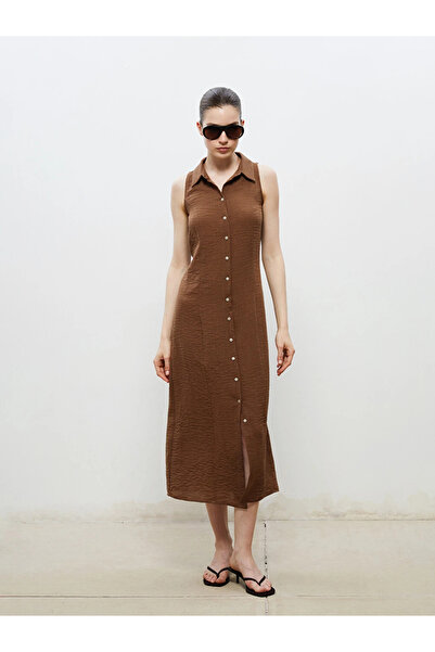 LC Waikiki Brown Textured Crepe Shirt Dress