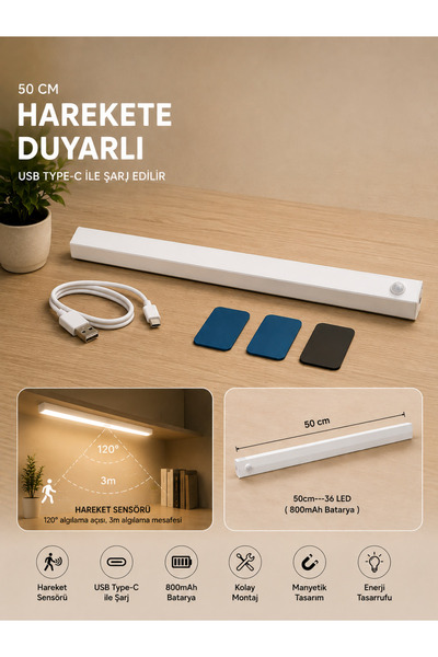 Plaka53 Shop 50 cm Harekete Duyarlı Şarjlı Edilebilir Mıknatıslı Çok Amaçlı Beyaz Şerit Led Sensörlü