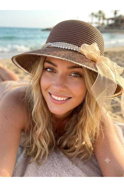 Prahar 100% Paper Fiber Straw Women's Fedora Hat with Ribbon and Bead Details