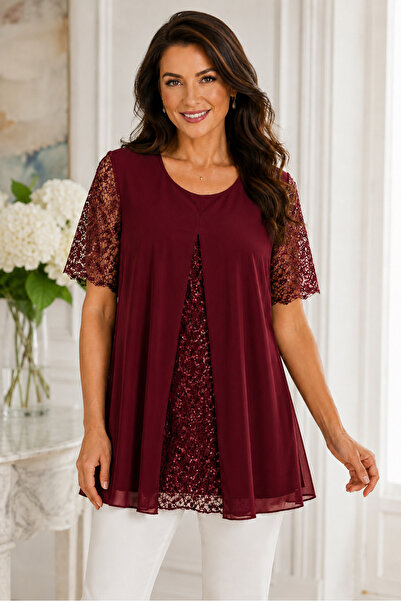 HELVEYS Women's Round Neck Lace Short Sleeve Sequin Detailed Comfortable Fit ...