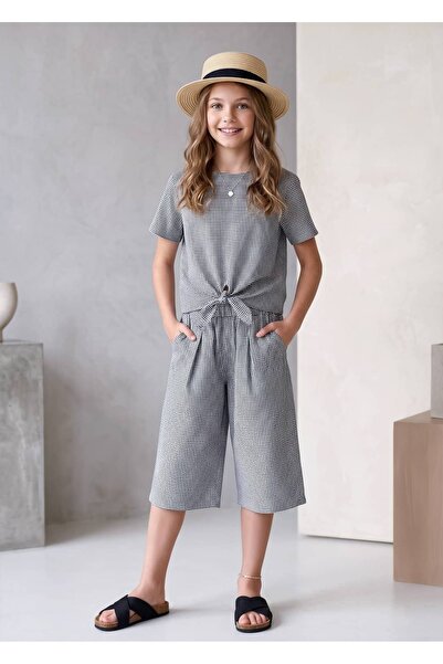 100% Cotton Gray Pötikare Summer Kids Girl Blouse Shorts Set