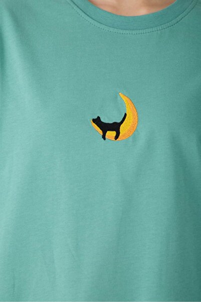 nopcat Basic Unisex Rahat Kalıp Yosun Yeşili Tişört %100 Pamuklu Bisiklet Yak...