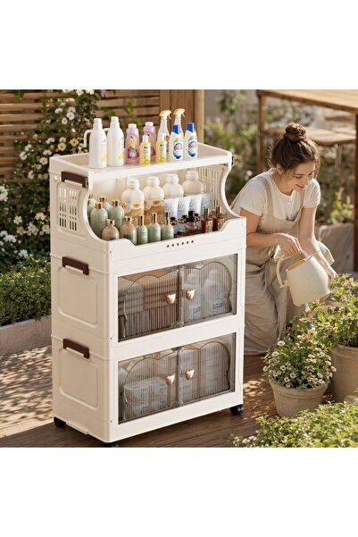 Generic 4 Layer PP Folding Storage Cabinet Wheels Magnetic Door Open Shelf Ho...