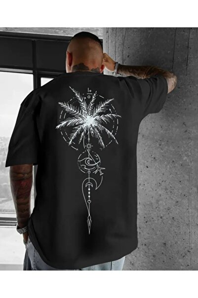 Panda Baskı Tekstil Palm Tree Printed Special Design Oversize Tshirt