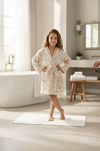 Lasilla 3 Layer Jacquard Muslin Children's Bathrobe 100% Cotton Hooded Moon P...