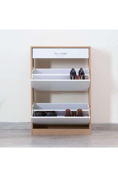 PAN HOME Zimtown Shoe Rack 12 Pairs With 3 Drawer - White Natural