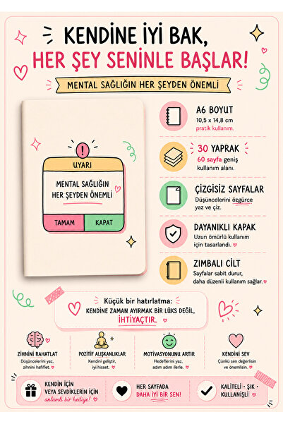 zumio Mental Sağlığın Her Şeyden Önemli A6 Çizgisiz Defter 30 Yaprak Zımbalı ...