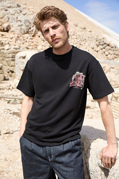 GRIMELANGE Duki Men's Crew Neck Organic Cotton Printed Oversized Black T-Shirt