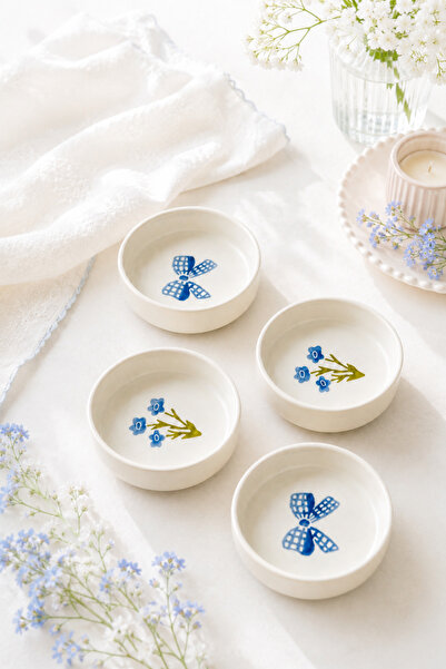Papart Blue Gift 4-Piece Handmade Ceramic Bowl Set 10 cm Flower Patterned Sna...