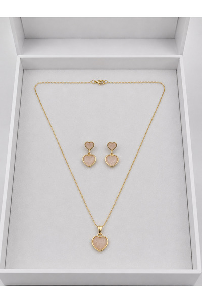Gold Color 2-Piece Chain Necklace Earrings Set with Pink Pearl Enameled Heart Detail