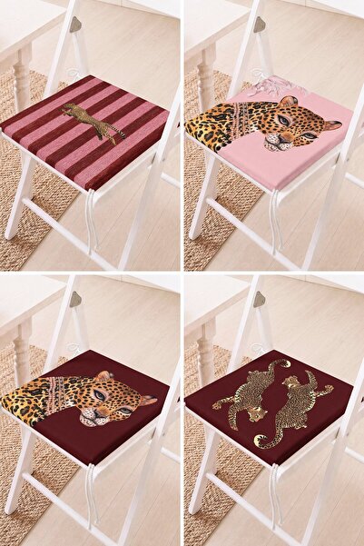 Home Set of 4 Leopard Figured Burgundy and Pink Patterned Lace-Up Chair Cushions