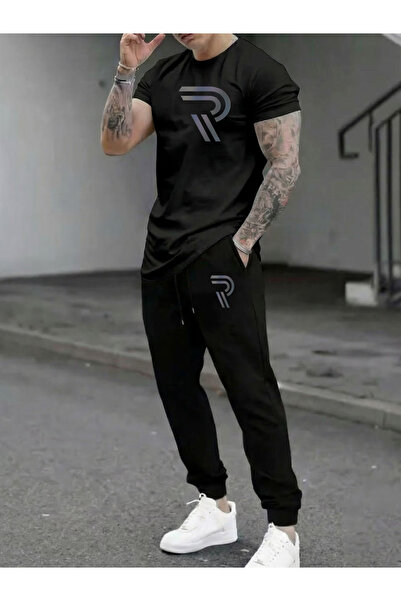 ship master Men's Cotton R Logo Printed Crew Neck T-Shirt Jogger Sweatpants Set