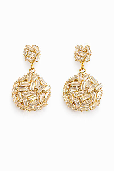 Angelovia Baguette Stone Round Gold Earrings