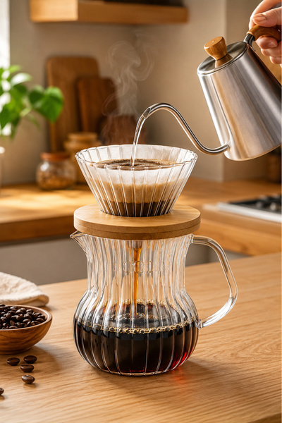 Vadi Borosilicate Glass V60 Dripper Set with Wooden Stand Filter Coffee Brewi...